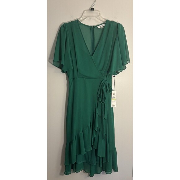 CALVIN KLEIN Kelly Green Ruffle Wrap Dress Women 4 Flutter Sleeve Midi Chiffon - Picture 1 of 16